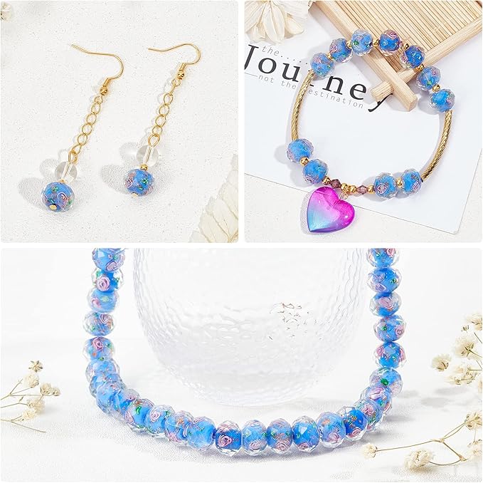 PH PandaHall 45pcs 12mm Gold Sand Lampwork Beads Glass Handmade Round Loose Beads with Hole for Rosary Making Jewelry Craft Making - Cornflower Blue