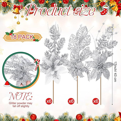 18 Pack 3 Styles 17 Inch Christmas Glitter Poinsettia Berry Stems Ornaments Artificial Floral Branches Picks for Christmas Tree Home Vase Holiday Party Decor(Silver)