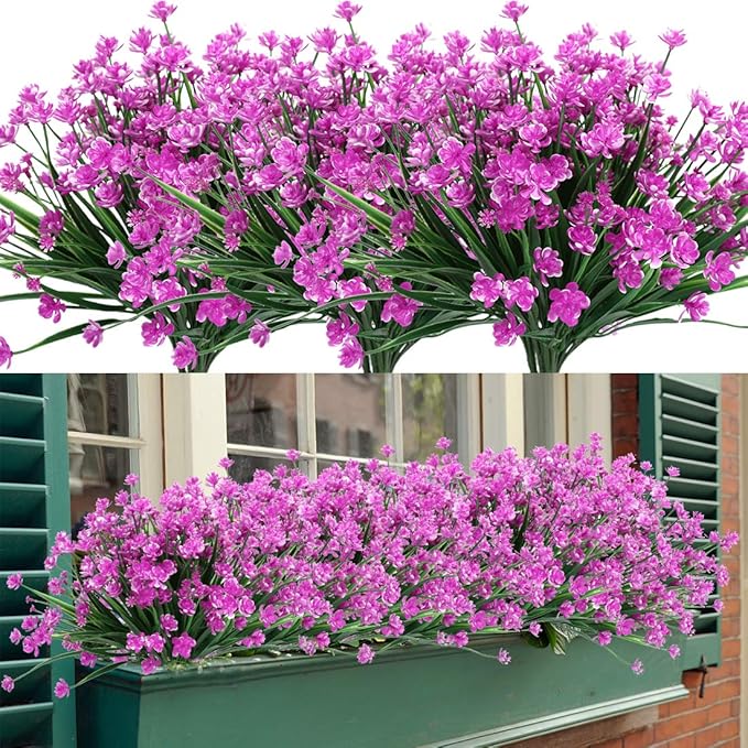 8 Bundles Artificial Flowers, Fake Artificial Greenery UV Resistant No Fade Faux Plastic Plants for Wedding Bridle Bouquet Indoor Outdoor Home Garden Kitchen Office Table Vase (Fuchsia)
