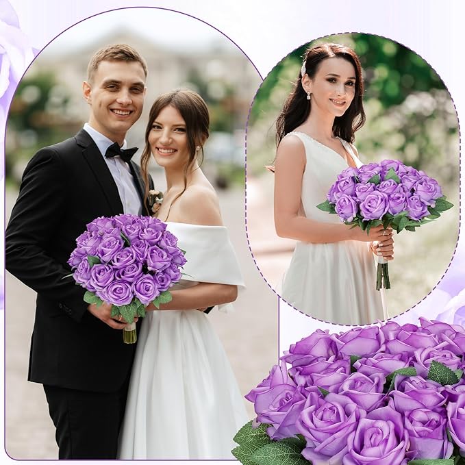 80 Pcs Roses Artificial Flowers, Silk Light Purple Artificial Flowers Petals Long Stem Roses for Wedding Bouquet Home Party Decor