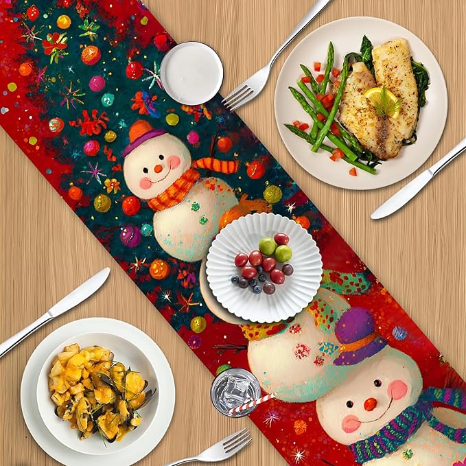 Christmas Table Runner 13 x 72 Inch, Holiday Snowman and Christmas Tree Design, Festive Red Winter Table Decoration with Gifts, Dining Table Centerpiece for Xmas Party Home Decor