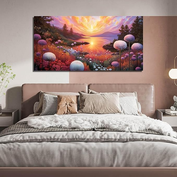 Sunset Panoramic Canvas Wall Art, Purple Floral Meadow & Green Tree Landscape with Gold Accents Picture for Living Room Bedroom Wall Decor, Print Painting Artwork Decoration, Large Size 58x29 Inches