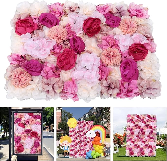 6PCS Flower Wall Panel Set, Artificial Wall Flower Backdrop,Artificial Flower Wall Mat Silk Rose Flower Panels,Hydrangea Rose Floral Panel for Party Wedding