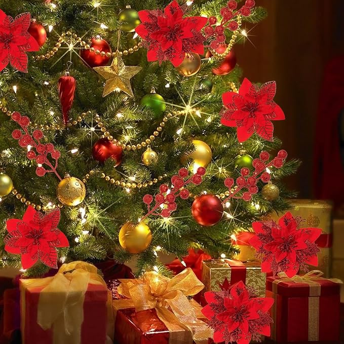 24 Pcs Red Boxed Christmas Poinsettia Flowers Set, 16 Pcs Artificial Poinsettias with Clips, 8 pcs Glitter Christmas Tree Ornaments Berry Stems for Wedding Home Holiday Xmas New Year Decorations