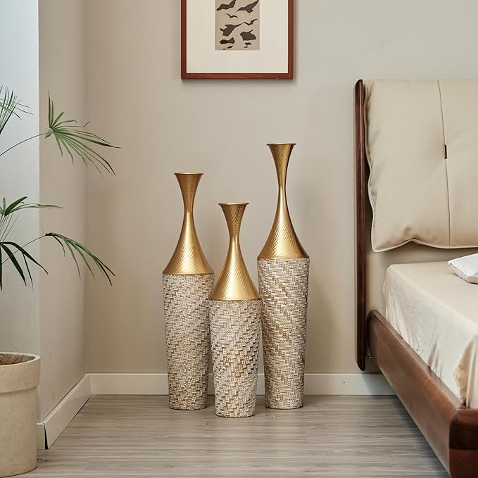 Floor Vases, Tall Home Decor Metal Vase Set of 3 Large Glazed Decorative Vases for Wedding Decor, Elegant Modern Flower Holder for Living Room, Entryway, Hallway, Dining Room