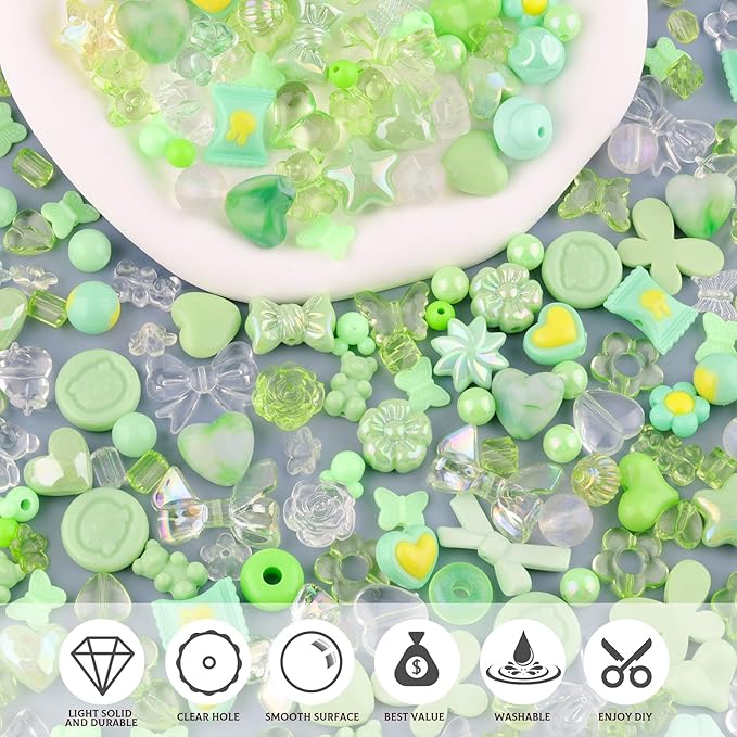 Assorted 200-260PCS Green Acrylic Beads for Bracelet Making, Flower Bow Candy GummyBear Bracelet Charms,Cute Beads for Jewelry Making DIY Necklace Keychain Phone Charm Christmas Gift
