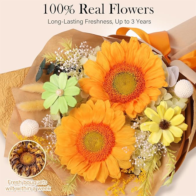 Forever Flowers for Delivery - Preserved Sunflowers Bouquet, Real Sunflowers That Last 3 Years, Eternal flowers Bouquet for Her Mother Mom Wife Friends Birthday Gifts for Women