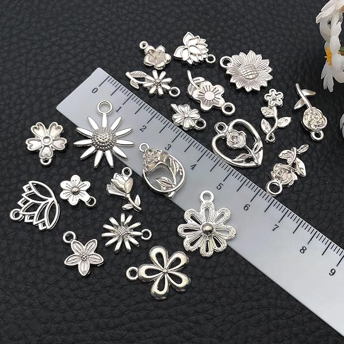 WOCRAFT 60pcs Bright Silver Flowers Bracelet Charms for Jewelry Making Sets DIY Necklace Bracelet Keychain Crafting Charms Kit Craft Supplies (SN879)