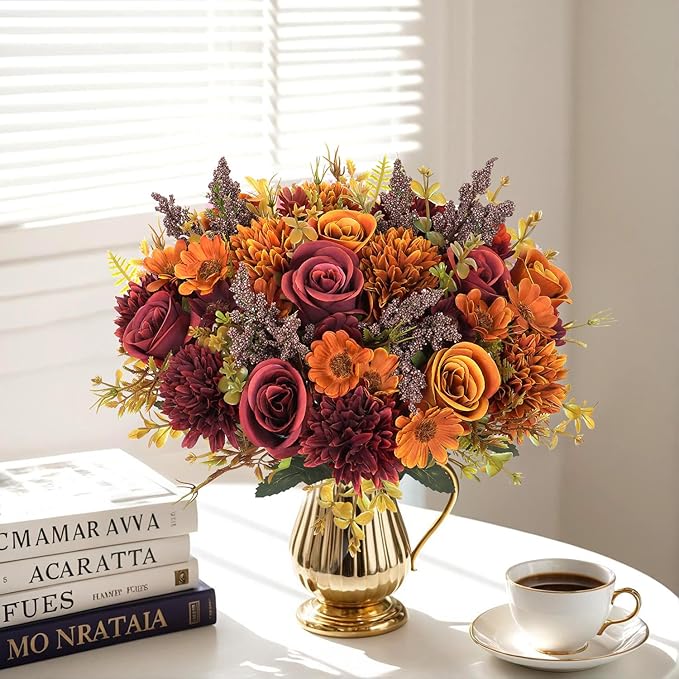Dremisland Artificial Fall Flowers Like Real Artificial Bouquet 4 Packs Silk Artificial Roses Bouquet with Daisy Chrysanthemum Orange Red Fall Flowers for Centerpiece Table Autumn Halloween Decor