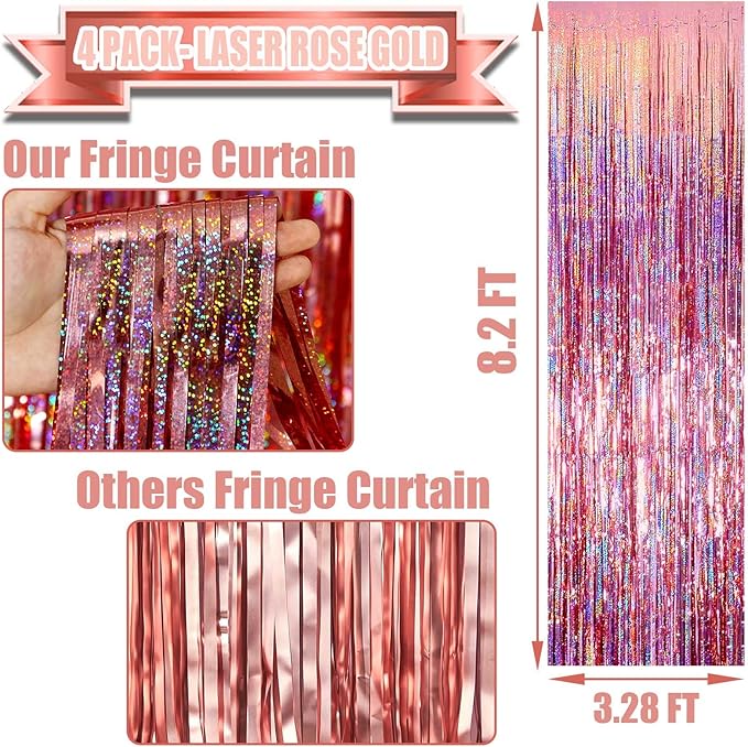 4 Pack Rose Gold Tinsel Foil Fringe Curtain Backdrop, 3.28Ft x 8.2Ft Metallic Streamers for Photo Booth Wedding Bridal Shower Bachelorette Birthday Halloween Christmas Party Decoration