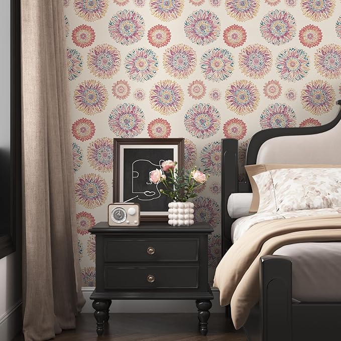 Beige Boho Wallpaper Peel and Stick, Vintage Circle Floral Contact Paper 17.5" x 393", Abstact Retro Blue/Pink Flower Wall Paper Self Adhesive Removable Waterproof for Walls Shelves Cabinet Table