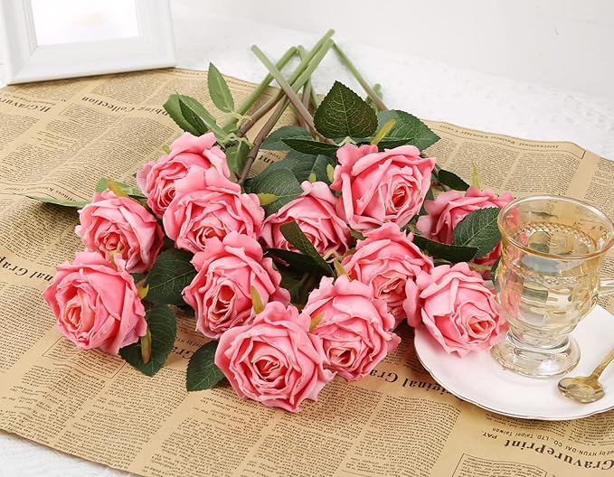 IPOPU Pink Roses Artificial Flowers 12PCS Pink Fake Roses Dried Silk Flowers with Single Stems Faux Rose Realistic Pink Flower Centerpieces for Tables Wedding Bouquet Floral Arrangements