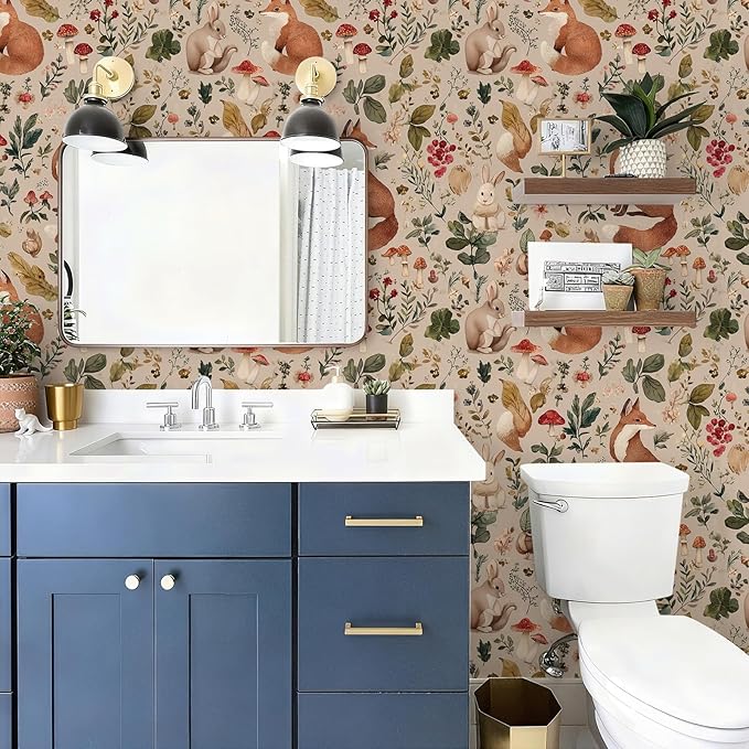Animal Peel and Stick Contact Paper Moody Fox Rabbit Mushroom Botanical Leaf Removable Wallpaper 17.7" x 236.22" Wall Paper Watercolor Self Adhesive for classroom Bedroom laundry room bathroom