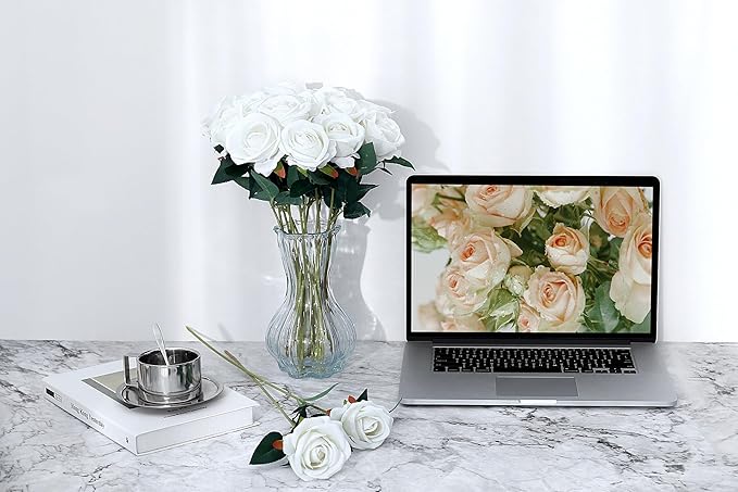 SITUMEIZI 15PCS White Artificial Roses Silk Flowers Fake Roses Realistic Bouquet Long Stem with Gift Box for Mother's Gift Day Home Party Wedding Decorations