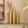 Floor Oversized Gold Metal Decorative Vase with 3D Triangle Pattern Set of 3 Large Vases for Home Living Room 33.5 ", 29.5 ", 25.2" High (Gold)