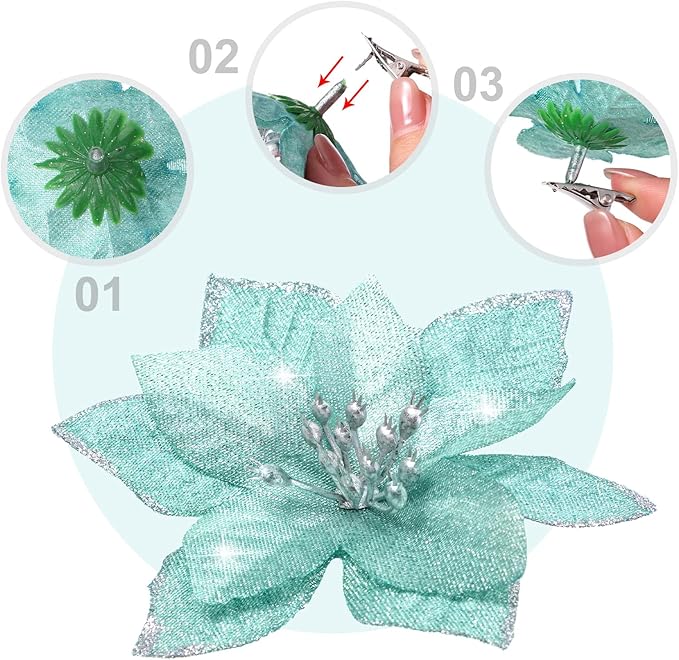 WILLBOND 24 Pcs 3 Size Poinsettia Flower Artificial Christmas Decor Glitter Poinsettia Christmas Ornaments Faux Flowers for Xmas Tree Outdoor(3.2/4/6 Inches,Blue and Green)