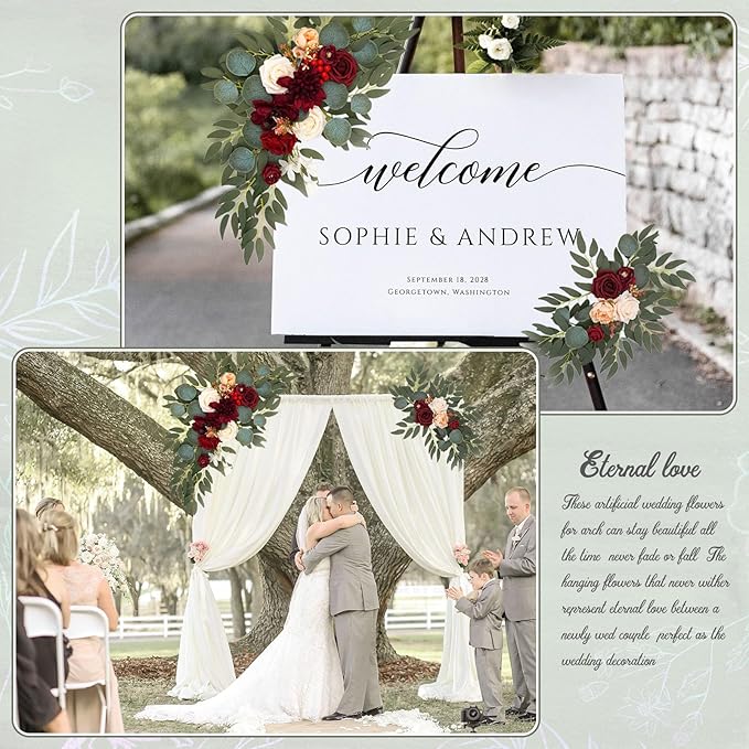 Faux Flower Swag Set of 2, Artificial Flowers Swags for Wedding Arch, Wedding Welcome Signs, Welcome Reception Ceremony Signs Decorations Burgundy
