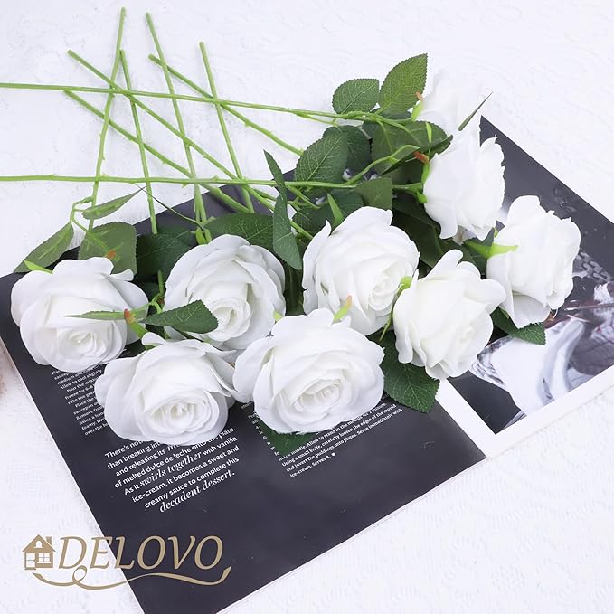 52pcs White Roses Artificial Flowers Ivory Fake Flowers Silk Roses with Stems for DIY Wedding Bouquets Bridal Shower Centerpieces Arrangements Party Decorations