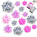 WRAPAHOLIC 16 Pcs Gift Bows Assortment - 14 Multi Colored Assorted Size Gift Bows (Pink, Fushcia, Silver) and 2 Crimped Curling Ribbons, Perfect for Christmas, Holiday, Party