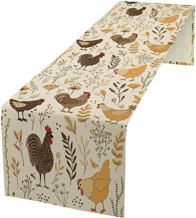 Farmhouse Rooster Table Runner, Rustic Farm Animals Cute Cartoon Chicken Floral Dinner Runner for Farmhouse Home Kitchen Dinner Table Holiday Party Decoration 13x70in