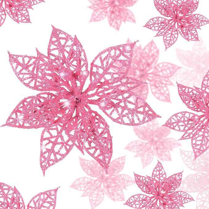 Boao Pink 24 Pieces Poinsettia Flower Christmas Glitter Artificial Poinsettia with Clips Christmas Tree Ornament Decorations for DIY Xmas Wreath Holiday Home Party Decor, 3/4/6 Inches