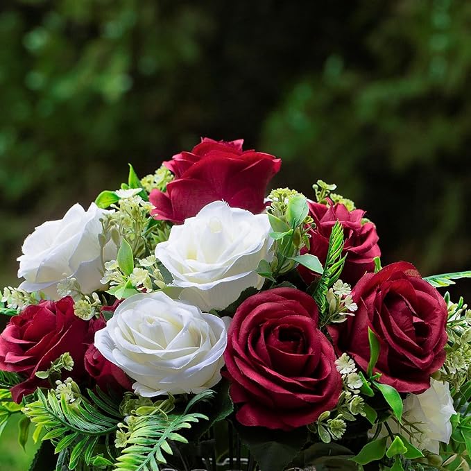 ENOVA FLORAL 18 Heads Silk Rose Artificial Flowers in Vase,Faux Rose Flowers Arrangement in Round Bowl Vase with Faux Water and River Rock for Table Decor Centerpieces (Burgundy Cream)