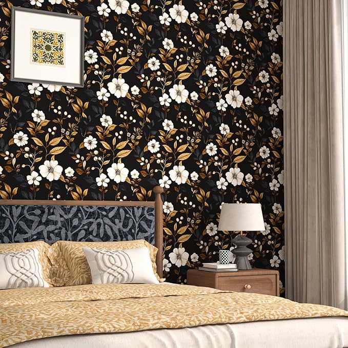 Vintage Black Floral Wallpaper Peel and Stick 17.4" x 118", Retro Golden Leaf White Flower Pattern Contact Paper Classic Removable Covering for Bedroom Bathroom Cabinet Drawer Home Decor Dark