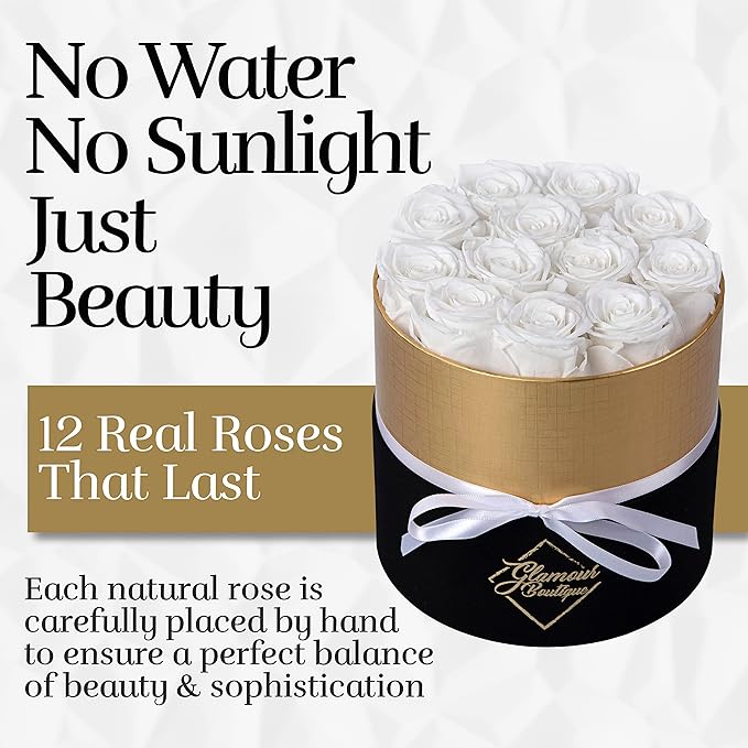 GLAMOUR BOUTIQUE Eternal Preserved Roses in a Box - Flowers Forever, Rose Forever in a Box for Wife, Birthday Gifts for Her, 12 Roses, White