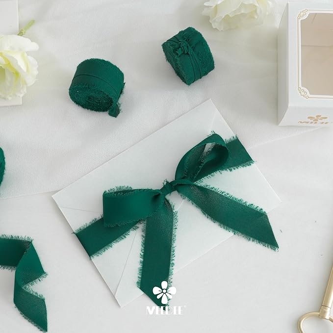 MEEDEE Dark Green Chiffon Ribbon 1 Inch Green Frayed Ribbons Green Chiffon Silk Hunter Green Ribbon Thin Chiffon Ribbons for Crafts, Gift Wrapping, Wedding Invitation (3 Rolls 21 Yards)