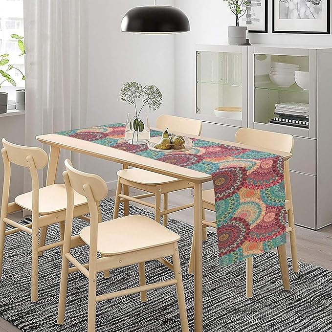 Bohemian Table Runner, Colorful Traditional Blue Pink Mandala Flower Table Runner for Kitchen Dining Cafe Party Decor, 13x120 Inch