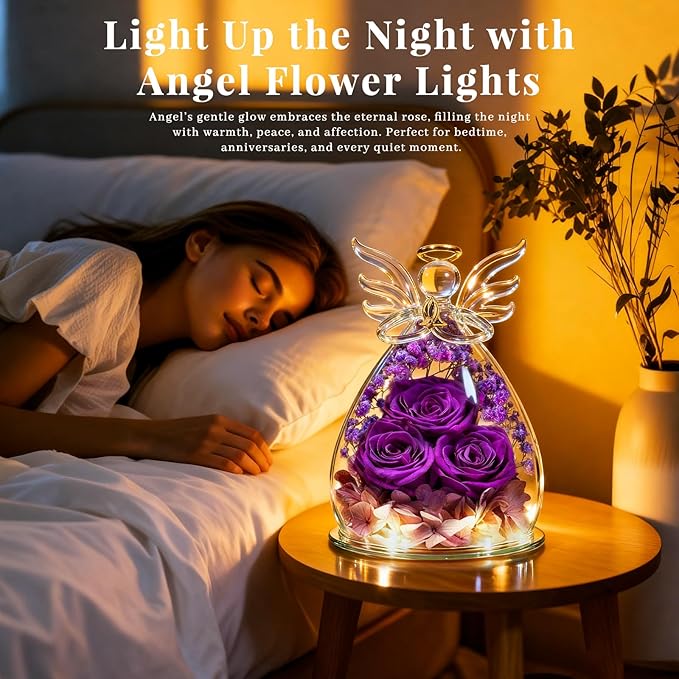 Beferr Christmas Birthday Gifts for Women, Mom Gifts for Christmas Fresh Flowers for Delivery Prime Forever Preserved Rose in Glass Angel Figurine Xmas Gifts for Grandma Wife Sister Her, Purple