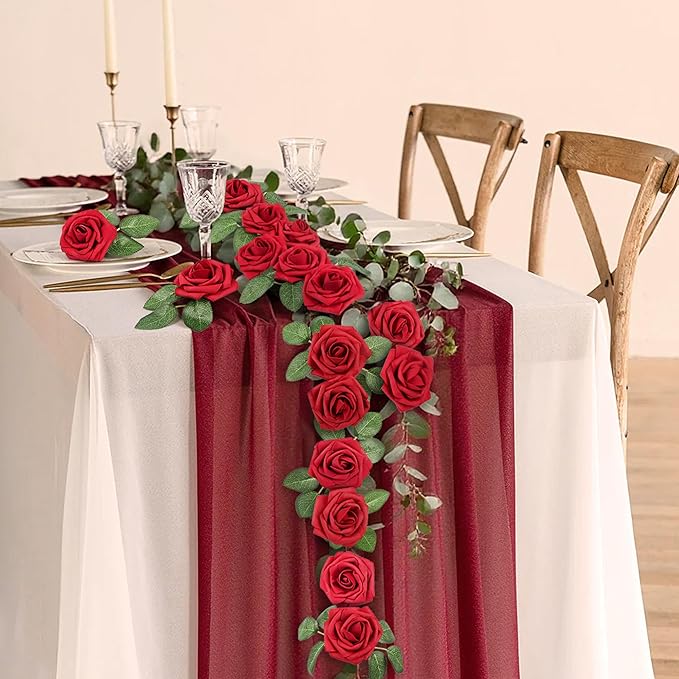 Mocoosy 50 Pcs Artificial Flowers Red Roses Bulk, Real Looking Fake Foam Roses with Stems DIY Wedding Bouquet Floral Arrangement Bride Shower Centerpieces Valentines Day Christmas Tree Decorations