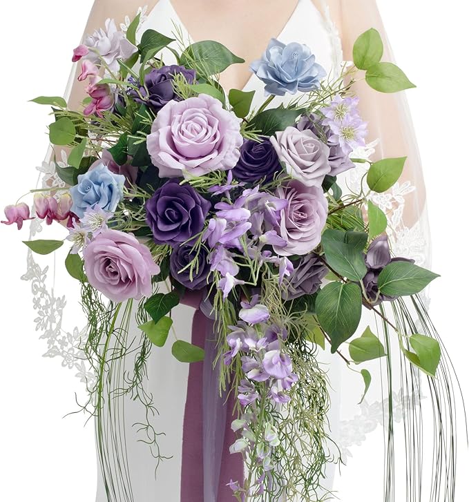 Ling's moment Purple Blue Wedding Bouquets for Bride, Lilac Bridal Bouquets for Bride, 13 Inch Free Form Artificial Wedding Flower Bouquet