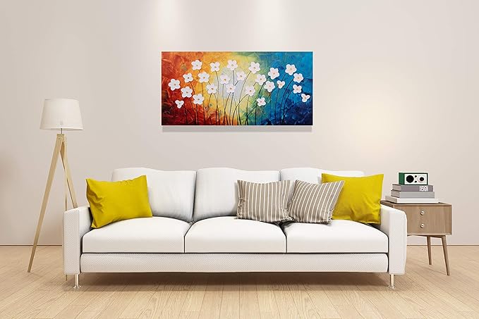 Yihui Arts Hand Painted Textured Flower Canvas Art: Rainbow Hues White Blossoms Abstract Wall Decor for Living Room, Bedroom & Office