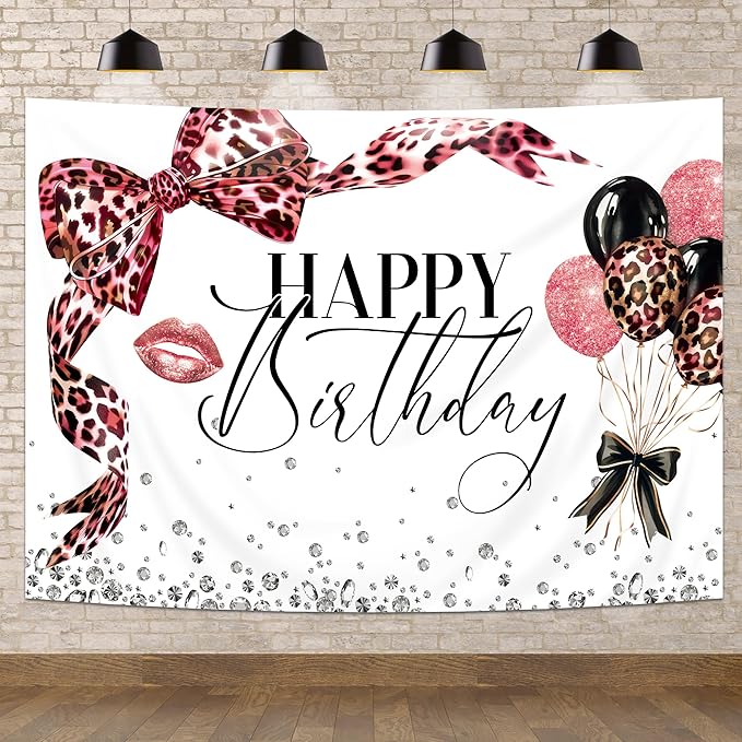 Pink Leoprad Bow Backdrop 7Wx5H Photography Happy Birthday Girls Lips Dimonds Black Brown Bowknot Balloons Background Fashion Elegant Bday Party Decorations Banner Photo Booth Props Supplies