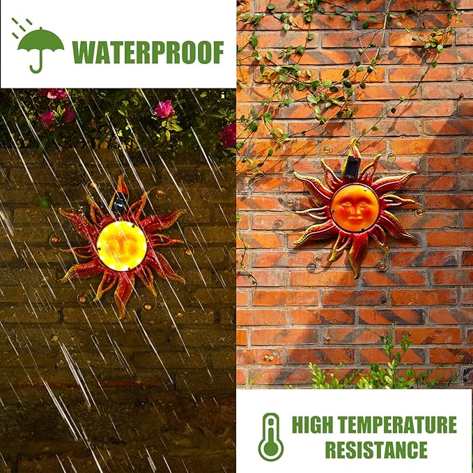 18" Solar Sun Face Wall Art - Metal Sun Sculpture with LED Lights & Smiling Face, Outdoor Wall Hanging Decorations (Gold)