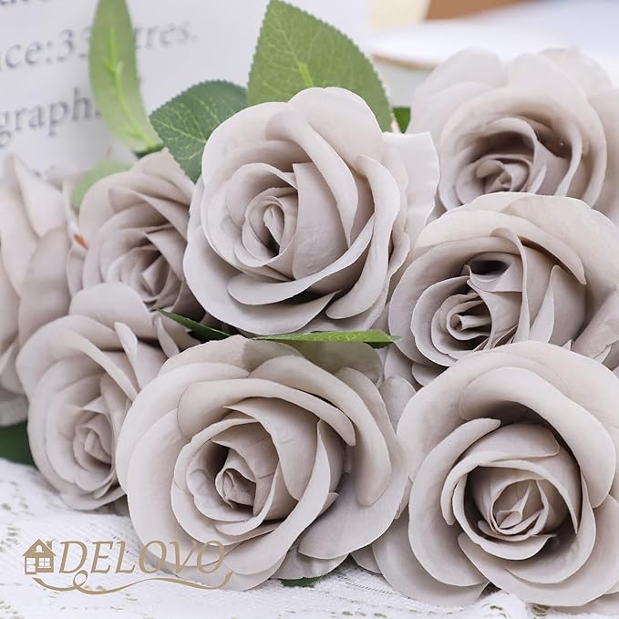 52pcs Grey Roses Artificial Flowers Fake Flowers Silk Roses with Stems for DIY Wedding Bouquets Bridal Shower Centerpieces Arrangements Party Decorations