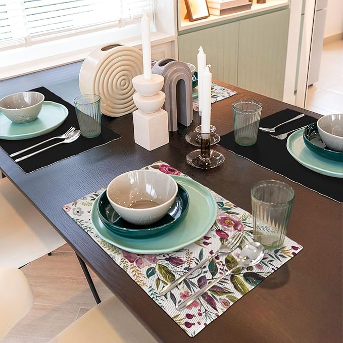 Watercolor Flower Linen Placemats Set of 4,Summer Floral Non Slip Heat-Resistant Washable Table Place Mats Tablemats for Kitchen Dining Table 4 PCS, Pink Flowers