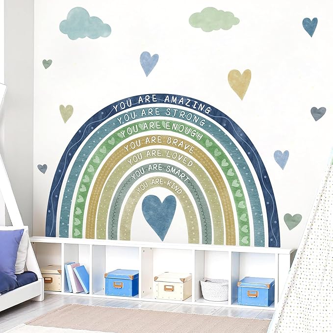 Watercolor Rainbow Wall Sticker Peel and Stick Kids Nursery Wall Decor Stickers Boho Blue Inspirational Walls Decals for Boys Bedroom You Are Decal Motivational Vinyl Art Murals for Baby Room Playroom