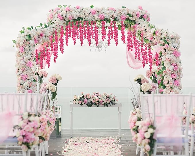 12PCS Artificial Wisteria Hanging Flowers 3.6ft Rose Red Fake Hanging Flowers Garland Silk Flowers Rattan String Faux Wisteria Vine for Garden Home Wedding Arch Decor (Rose Red)