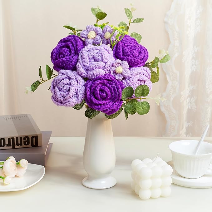 Purple Crochet Flower Bouquet, Purple Knitted Flowers Rose Crochet Bouquet Handmade for Wedding, Anniversary, Christmas, Graduation Crochet Gifts for Women (Includes Card)