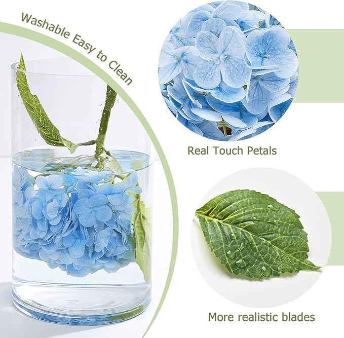 Waipfaru 21" Real Touch Blue Hydrangea Artificial Flowers with Long Stem & Leaves, Full Latex Faux Hydrangea Flowers for Home Decor Party Floral Arrangements Wedding Bouquets Centerpieces, 2Pcs
