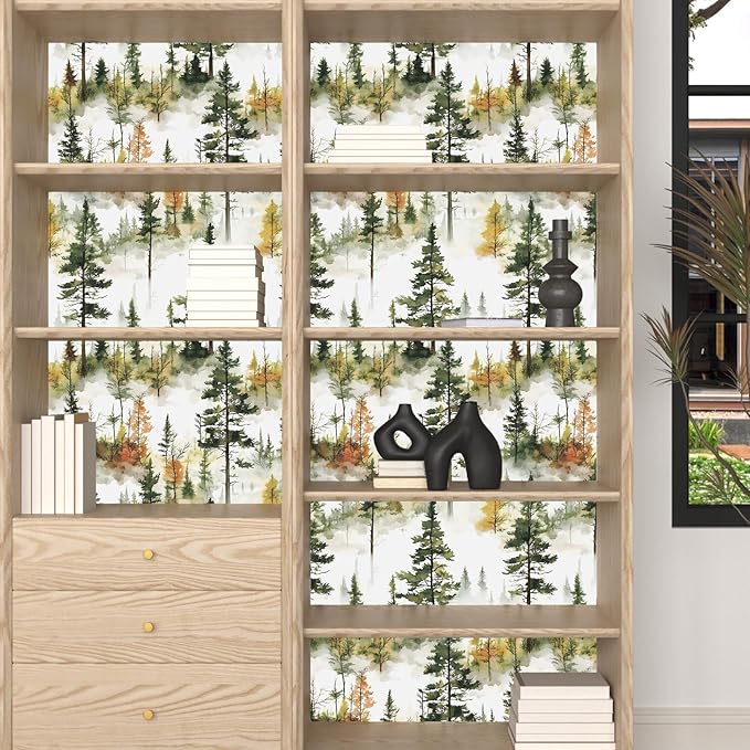 Autumn Forest Wallpaper Peel and Stick, Green/Yellow Pine Trees Contact Paper,Woodland Landscape Wall Mural Self Adhesive Waterproof Removable for Bathroom Shelves Cabinet Drawer Table 17.5" x 118"