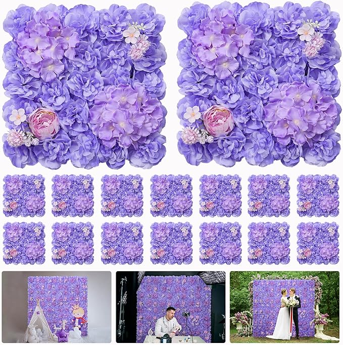 Artificial Flower Wall Backdrop 16pcs 16.5x16.5 Inch Silk Rose Artificial Floral Wall Panel Ideal for Wedding Celebrations, Festive Party Backdrops, and Elegant Home Decor-Purple
