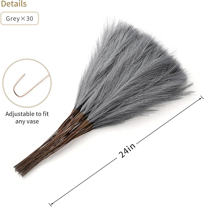 Grey Pampas Grass Decor - 30pcs 24 Inch Long Faux Pampas Grass Decor, Artificial Pampas Feather for Vase Filler, Wedding, Party, Office and Home Decor (Grey)