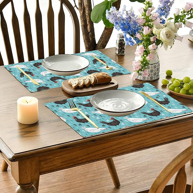 Lovely Roosters Placemats Set of 4,Hens 12x18 Inch Non-Slip Washable Heat Resistant Linen Fabric Table Mats,Place Mats for Holiday Party