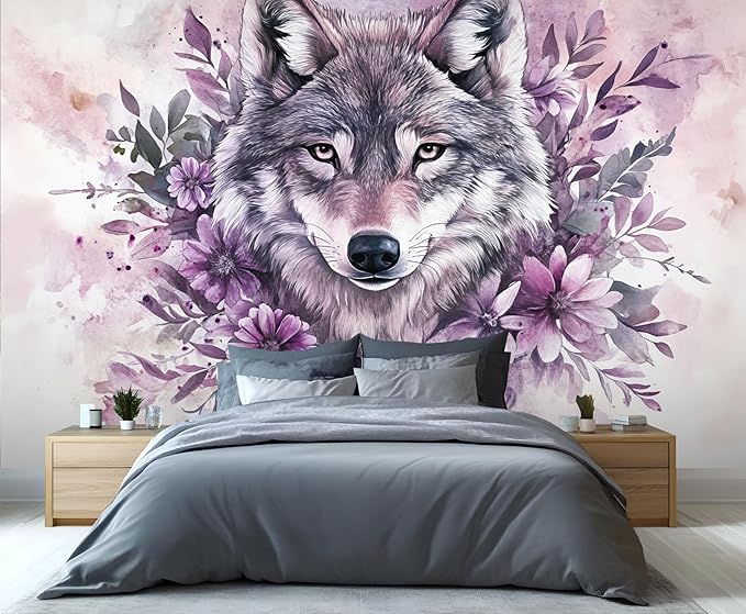 Wolf with Floral Watercolor Wall Mural, Purple Wolf Watercolor Art 3D Wall Murals, Art Flower Painting Wallpaper Mural, for Living Room Bedroom Large Wallpaper Indoor Decor 197" W x124.8 H