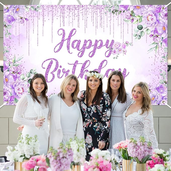 Avezano Happy Birthday Backdrop Banner for Girls Women Happy Birthday Party Decorations Floral Glitters Bday Banner Party Supplies (Purple, 6x3.6ft)