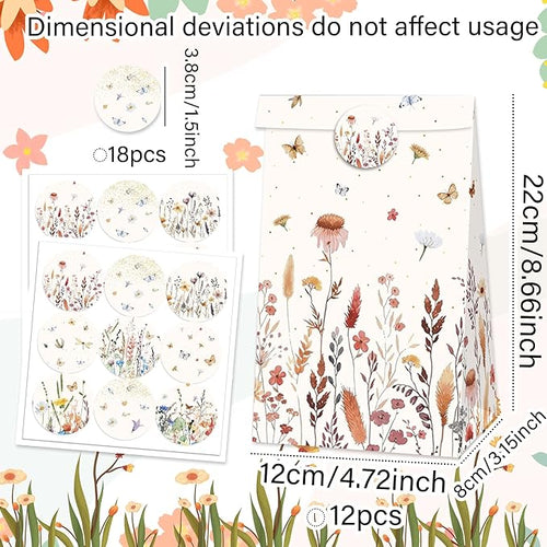 12 PCS Wildflower Party Favor Gift Bags Boho Floral Small Candy Goodie Bags Boxes with Stickers Wildflower Bridal Shower Birthday Wedding Party Supplies
