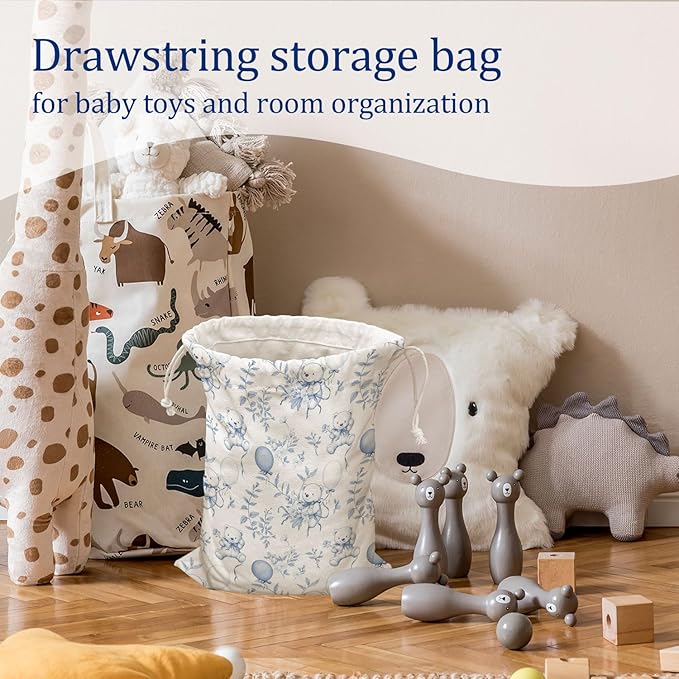 DSHFG Light Blue Bear Birthday Drawstring Gift Wrap Bags, Chinoiserie Animals Baby Shower Drawstring Gift Bags Canvas, Cute Bear Blue and White Small Happy Birthday Bag, 10x13 Inch